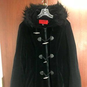 Tripp NYC black velvet oversized hood fur trim coat skull buttons XL goth punk